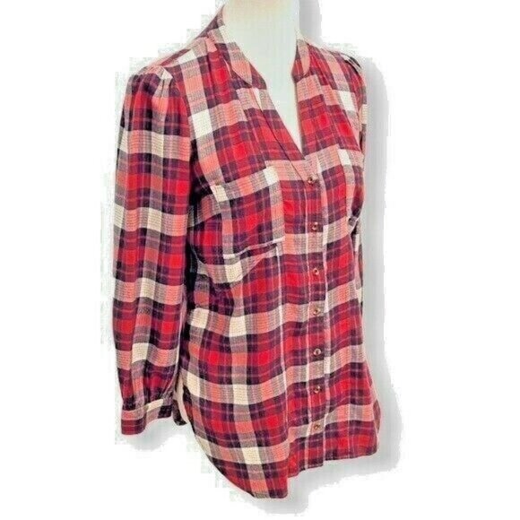Anthropologie Red Medford Plaid  Flannel Tunic Button Down Shirt Women’s Sz 2 - Picture 5 of 8